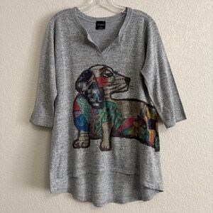 Inoah Sweater Top Womens M Graphic Dapper Dog Split Vneck Hi Lo Dachshund Gray